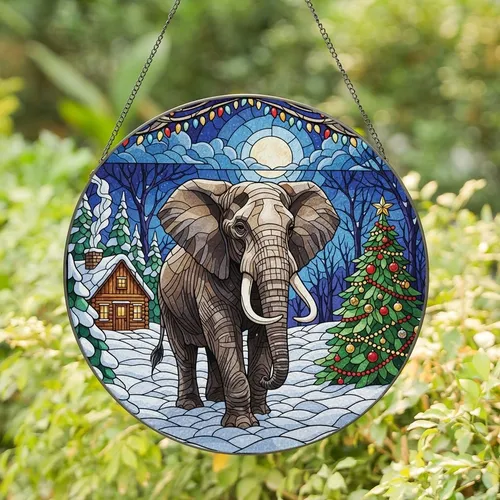 Winter Holiday Enthusiasts Jewel-Toned Elephant Tiffany-Style Stained Glass Mosaic Winter Wonderland Stained Glass Suncatcher