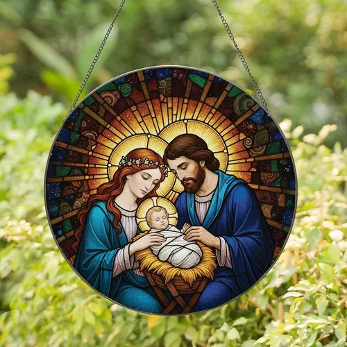 Faith-Inspired Art Admirers' Jewel Tone Holy Family Stained Glass Mosaic Radiant Aura Stained Glass Suncatcher