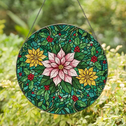 Holiday Enthusiasts' Tiffany Stained Glass Poinsettia & Holly Mosaic with Jewel Tones Stained Glass Suncatcher