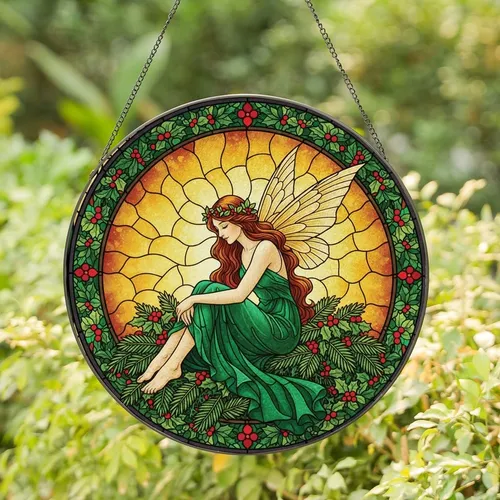 Fantasy Art Lovers' Stained Glass Emerald Fairy Woodland Pine Holly Berry Mosaic Stained Glass Suncatcher