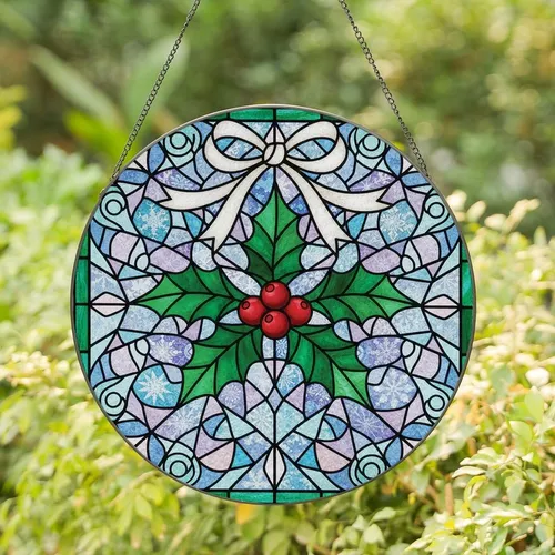 Festive Season Lovers' Jewel Tone Tiffany Stained Glass Holly Bow, Ruby Berries & Emerald Geometric Mosaic Stained Glass Suncatcher