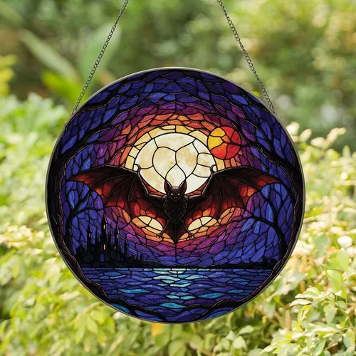 Gothic Art Enthusiasts' High Contrast Stained Glass Bat Full Moon Twisted Branches Mosaic Art Stained Glass Suncatcher