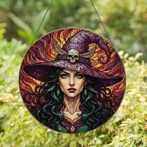 Fantasy Art Lovers' Edge-to-Edge Stained Glass Witch Emerald Green Purple Amber Ornate Skull Hat Design Stained Glass Suncatcher