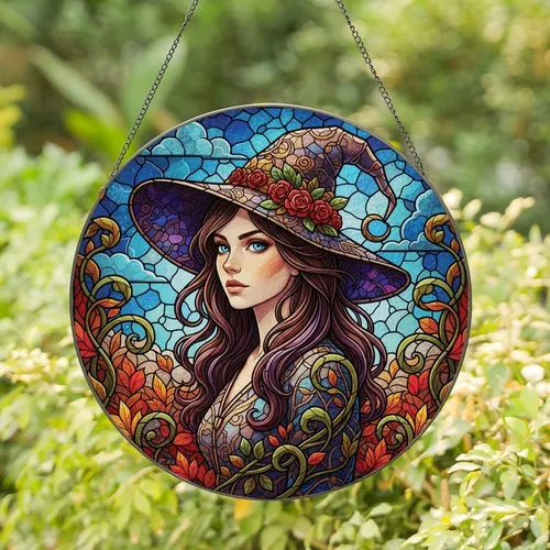 Fantasy Art Lovers' Stained Glass Witch Portrait, Purple Hair, Teal Sky, Amber Autumn Leaves Stained Glass Suncatcher