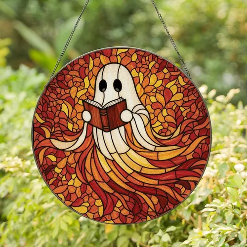 Book Lovers' Intricate Stained Glass Spectral Ghost Reading Autumnal Mosaic Stained Glass Suncatcher