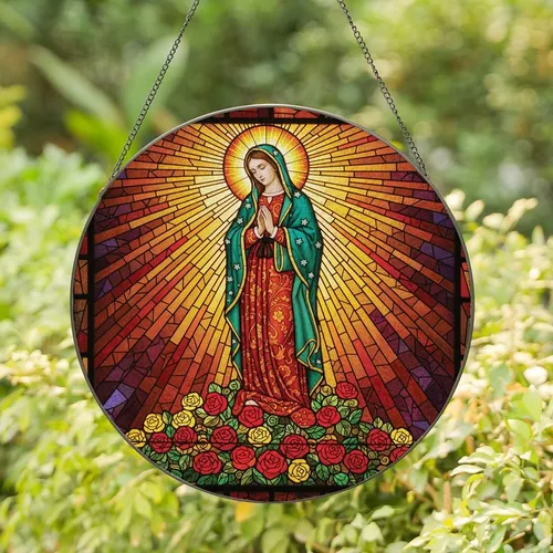 Devotional Art Lovers' Intricate Stained Glass Virgin Mary Teal Mantle Crimson Rose Mosaic Golden Light Stained Glass Suncatcher