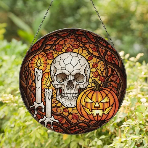 Gothic Art Enthusiasts' Tiffany Stained Glass Skull, Lit Candles, Jack-o'-lantern, Autumn Vines & Jewel Tones Stained Glass Suncatcher