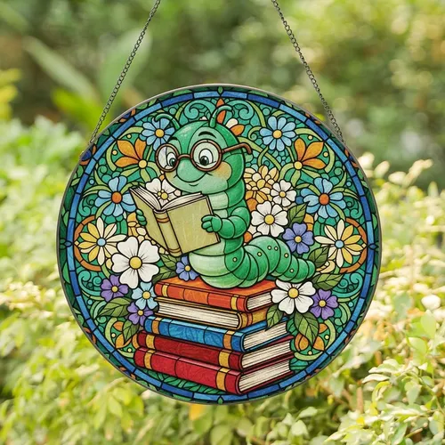 Book Lovers' Whimsical Stained Glass Worm Reading Books Vibrant Jewel Tones Intricate Mosaic Pattern Stained Glass Suncatcher