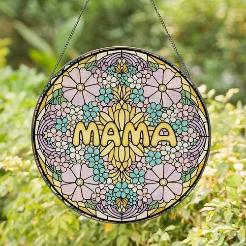 Mothers' Tiffany Stained Glass Mama Floral Mosaic Art Golden Yellow Pink Lavender Teal Green Jewel Tones Stained Glass Suncatcher