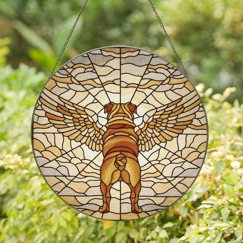 Bulldog Lovers' Majestic Winged Bulldog Stained Glass Art, Amber & Grey Jewel Tones Mosaic Stained Glass Suncatcher