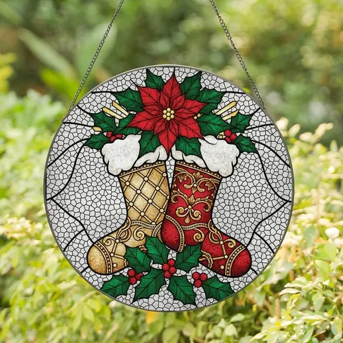 Holiday Enthusiasts' Intricate Tiffany Stained Glass Christmas Stockings Poinsettia Holly Jewel Tone Mosaic Edge-to-Edge Pattern Stained Glass Suncatcher