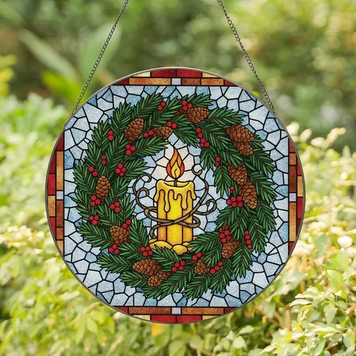 Winter Holiday Lovers' Golden Candle Tiffany Stained Glass Pinecone Berry Icy Mosaic Stained Glass Suncatcher