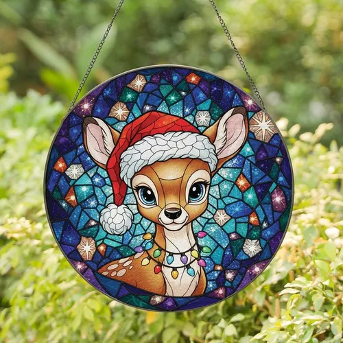 Holiday Enthusiasts' Festive Fawn Tiffany Style Jewel Tone Stained Glass Christmas Mosaic Art Stained Glass Suncatcher