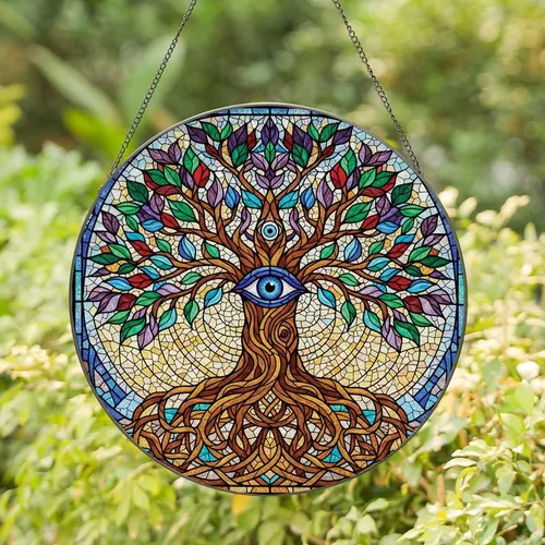 Intricate Art Enthusiasts' Vibrant Stained Glass Tree of Life Blue Eye Mosaic Jewel Tones Stained Glass Suncatcher