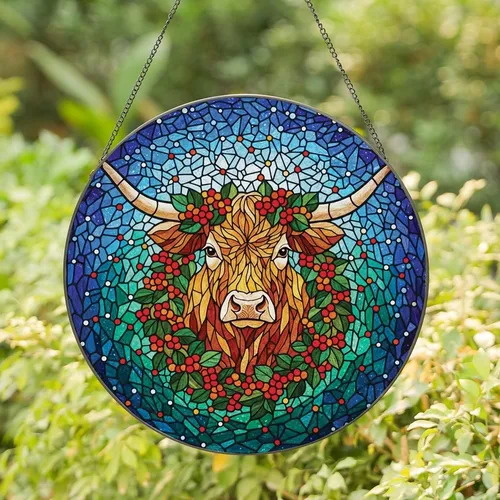 Rustic Charm Enthusiasts' Detailed Stained Glass Longhorn Cow Festive Berry Wreath Celestial Sky Mosaic Stained Glass Suncatcher