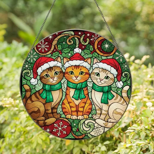 Cat Lovers' Glowing Stained Glass Tabby Cats Santa Hats Emerald Red Winter Mosaic Stained Glass Suncatcher
