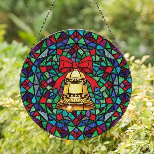 Christmas Enthusiasts' Intricate Stained Glass Golden Bell Red Bow Jewel Tone Mosaic Pattern Stained Glass Suncatcher