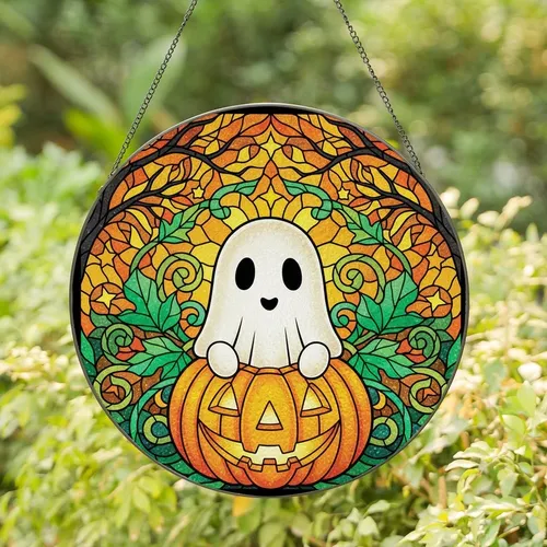 Halloween Enthusiasts' Tiffany Style Stained Glass Iridescent Ghost Jack-o'-Lantern Autumn Leaves Mosaic Stained Glass Suncatcher