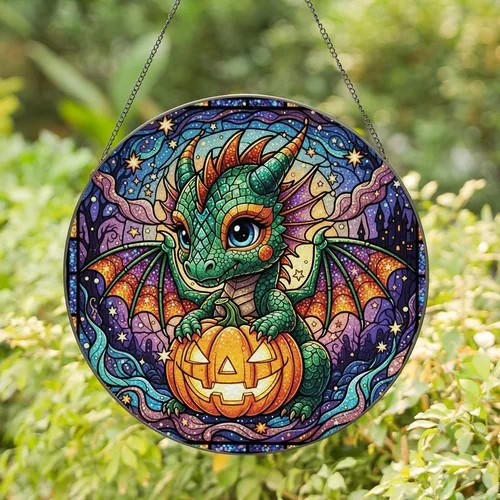 Fantasy Art Lovers' Intricate Tiffany Baby Dragon Pumpkin Jewel Tone Glitter Twilight Pattern Stained Glass Suncatcher