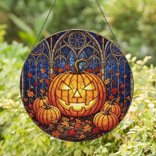 Halloween & Autumn Enthusiasts Menacing Jack-o'-Lantern Tiffany Stained Glass Gothic Cathedral Blue Orange Jewel Tones Stained Glass Suncatcher