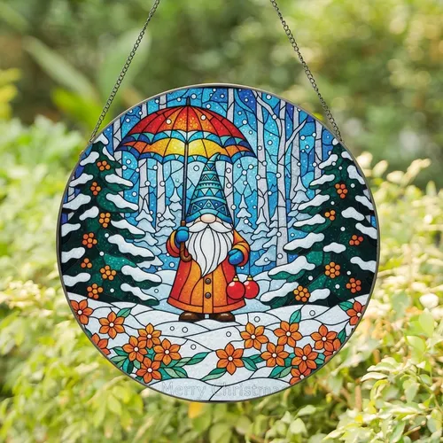 Holiday Season Admirers' Intricate Stained Glass Gnome Snowy Forest Jewel Tone Christmas Design with Orange Poinsettias Stained Glass Suncatcher