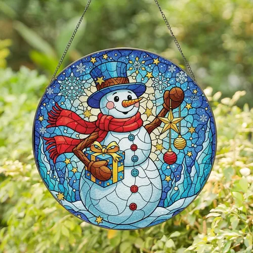 Holiday Celebrators' Intricate Stained Glass Snowman, Star & Gift Mosaic in Blue, Red, Gold Teal Stained Glass Suncatcher
