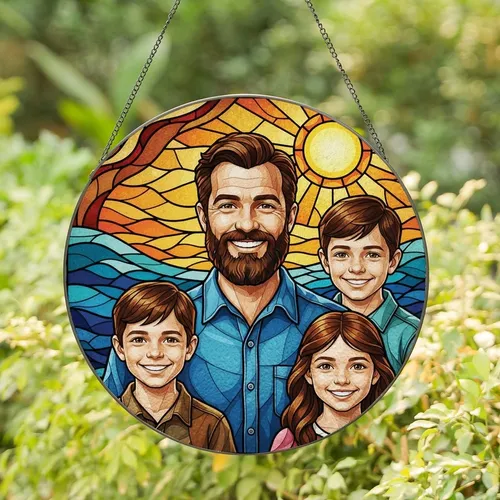 Family Lovers' Joyful Stained Glass Art, Teal Blue Orange Yellow Sun & Smiling Figures Stained Glass Suncatcher