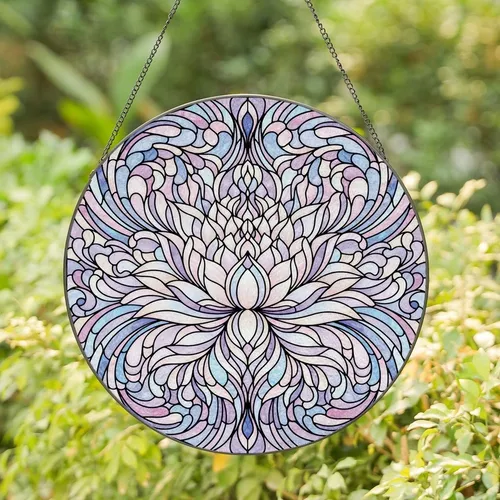 Art Lovers' Iridescent Tiffany Stained Glass Lotus Bloom Lavender Pink Blue Aquatic Mosaic Stained Glass Suncatcher