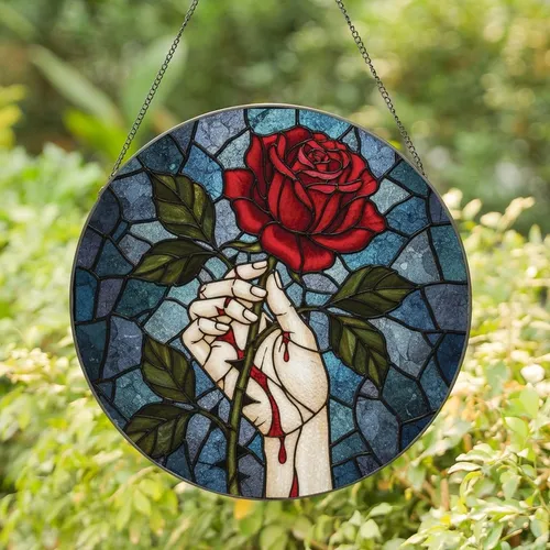 Dramatic Style Fans' Intricate Tiffany Glass Hand & Ruby Rose Jewel Tone Pattern Stained Glass Suncatcher