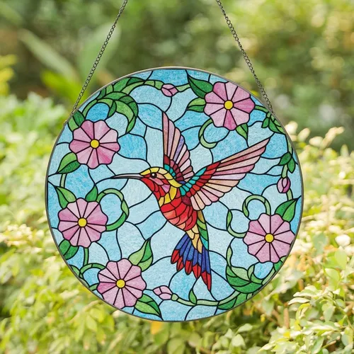 Nature Lovers' Vibrant Tiffany Stained Glass Hummingbird Floral Mosaic Jewel Tones Stained Glass Suncatcher