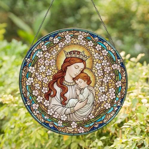 Devotional Art Collectors' Tiffany Style Stained Glass Madonna & Child, Golden Halos, Cherry Blossoms, Amber Blue Jewel Tones Stained Glass Suncatcher