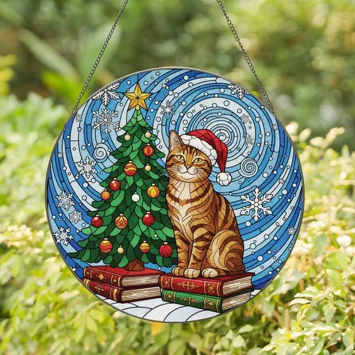 Holiday Cat Lovers' Glowing Stained Glass Tabby Cat Christmas Tree with Santa Hat & Intricate Snowflakes Stained Glass Suncatcher