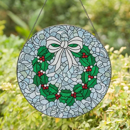 Holiday Enthusiasts' Intricate Tiffany Stained Glass Holly Wreath Winter Frost Mosaic Emerald Crimson Jewel Tones Stained Glass Suncatcher