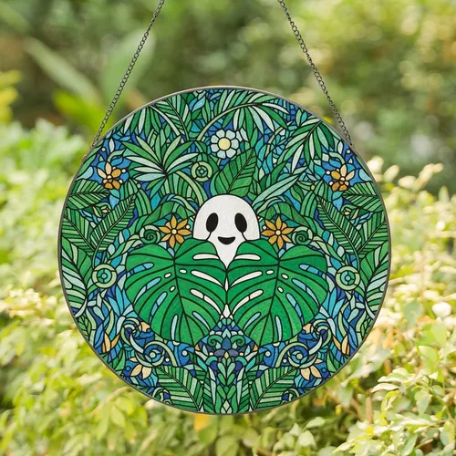 Whimsical Art Lovers' Intricate Stained Glass Friendly Ghost Monstera Leaves Dappled Jungle Mosaic Emerald Teal Amber Stained Glass Suncatcher