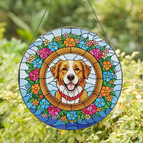 Dog Lovers' Tiffany Stained Glass Golden-Brown Dog, Floral Wreath, Sky Mosaic, Jewel Tones Stained Glass Suncatcher