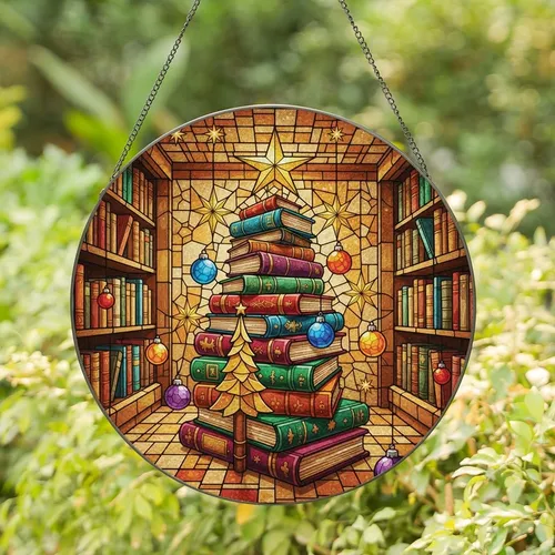 Readers' Cozy Stained Glass Library Christmas Tree of Books Jewel Tone Mosaic Stained Glass Suncatcher
