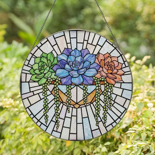 Botanical Art Lovers' Iridescent Stained Glass Succulent Garden Mosaic Stained Glass Suncatcher