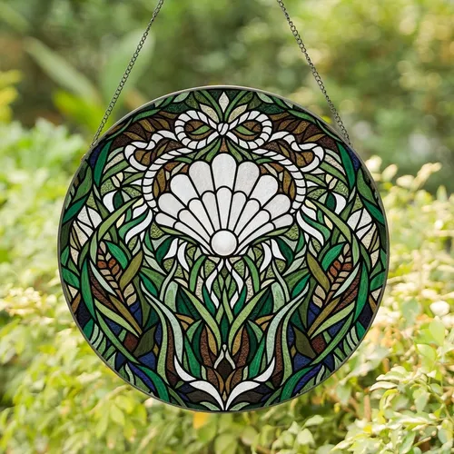 Art Lovers' Tiffany Stained Glass Frosted Shell, Pearl & Emerald Botanical Mosaic Jewel Tones Stained Glass Suncatcher