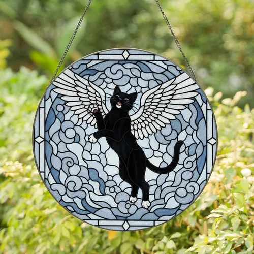 Fantasy Art Lovers' High Contrast Tiffany Style Stained Glass Winged Black Cat Ethereal Cloud Mosaic Stained Glass Suncatcher