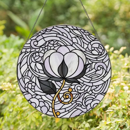 Nature Lovers' Tiffany Stained Glass Cotton Flower Lavender Amber Intricate Mosaic Stained Glass Suncatcher