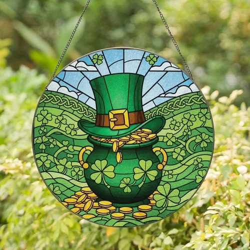 St. Patrick's Day Admirers Vibrant Emerald Gold Stained Glass Leprechaun Pot Shamrock Celtic Knot Full Art Stained Glass Suncatcher