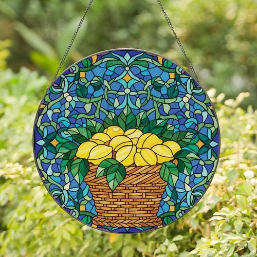 Art Lovers' Tiffany Style Stained Glass Lemon Basket Mosaic, Vibrant Jewel Tone Floral Geometric Pattern Stained Glass Suncatcher