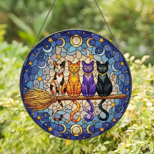 Mystical Art Fans' Tiffany Stained Glass Halloween Cats Celestial Night Orange Purple Black Stained Glass Suncatcher