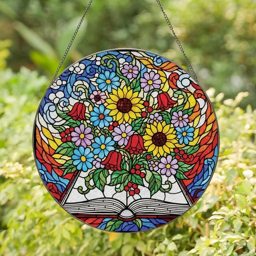 Nature Lovers' Vibrant Tiffany Stained Glass Wildflower Book Sunflower Daisy Mosaic Stained Glass Suncatcher