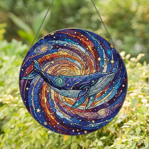 Cosmic Ocean Lovers' Tiffany Stained Glass Baleen Whale Galaxy Nebula Deep Blue Purple Orange Jewel Mosaic Stained Glass Suncatcher