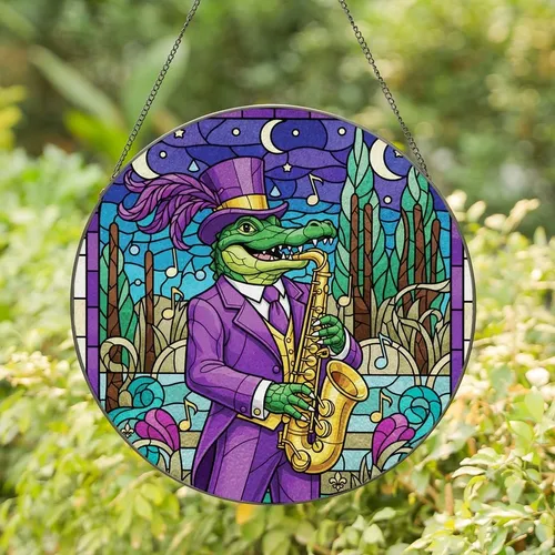Music Lovers' Dapper Emerald Alligator Saxophone Tiffany Stained Glass Amethyst Purple Gold Teal Intricate Design Stained Glass Suncatcher
