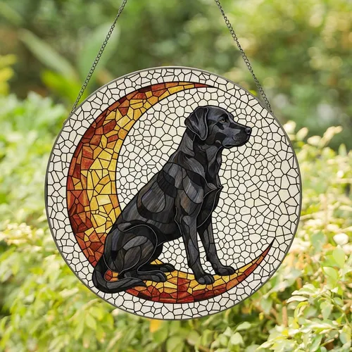 Dog Lovers' High Contrast Tiffany Stained Glass Black Labrador Amber Gold Swirling Moon Art Stained Glass Suncatcher