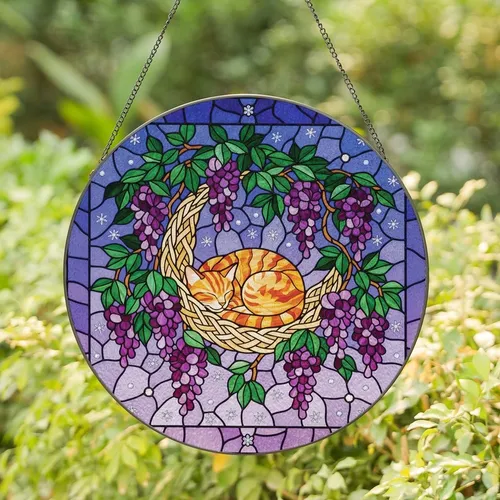 Cat Lovers' Tiffany Stained Glass Orange Tabby Cat Wisteria Twilight Mosaic Jewel Tones Stained Glass Suncatcher