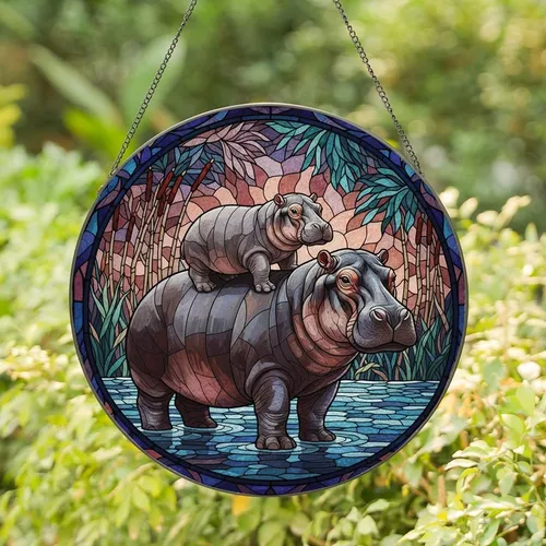 Wildlife Art Admirers' Intricate Tiffany Stained Glass Hippo Family River Mosaic Indigo Blue Violet Peach Stained Glass Suncatcher