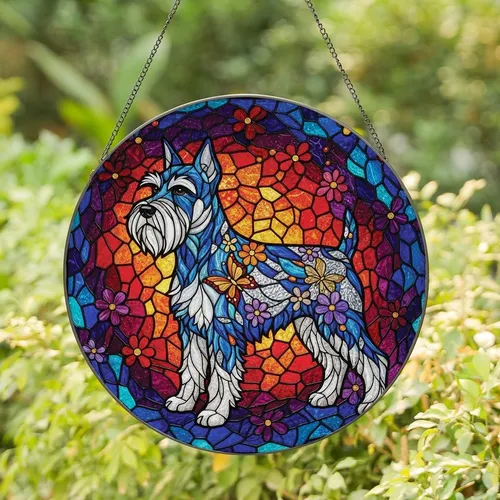 Schnauzer Lovers' Vibrant Stained Glass Schnauzer Dog Profile Gold Butterflies Floral Mosaic Design with Jewel Tones Stained Glass Suncatcher